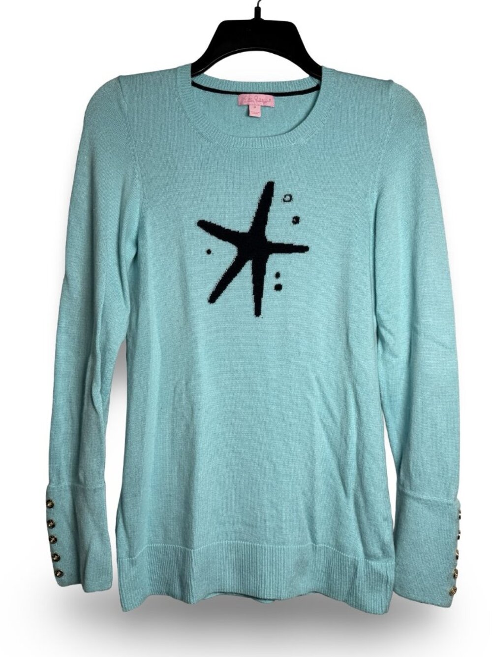 Lilly Pulitzer Charter Starfish Sweater‎ Size M Aqua Blue Nautical Wool Blend